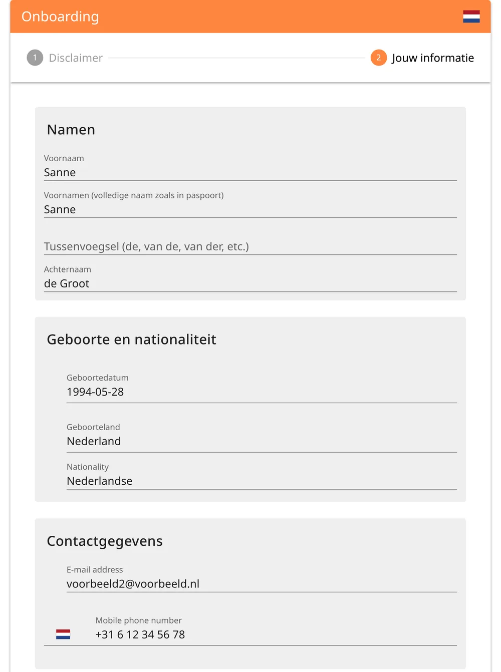 Onboardingformulier waarin een nieuwe medewerker zijn eigen gegevens invult