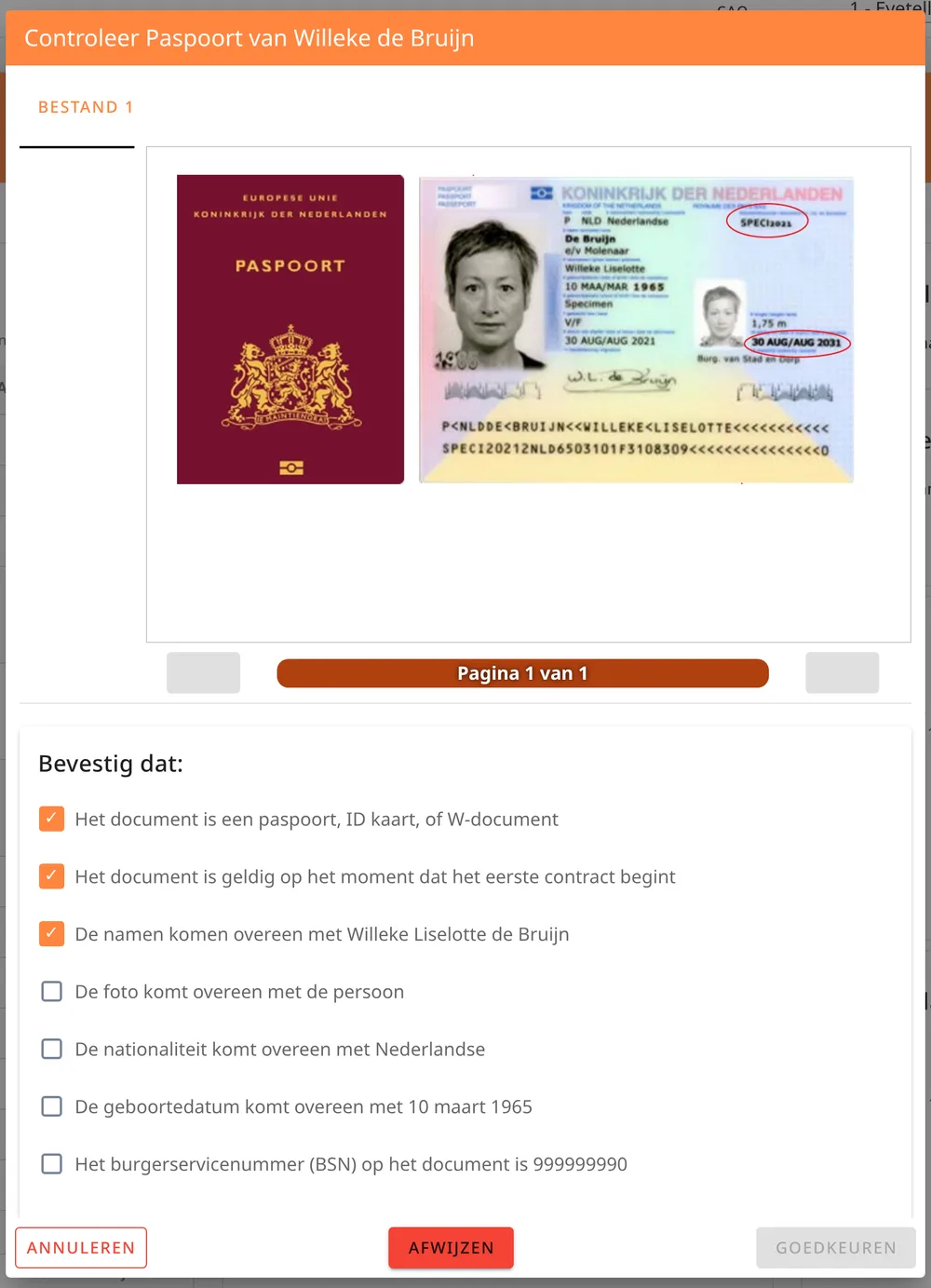 Controle van een identiteitsbewijs in Peazy